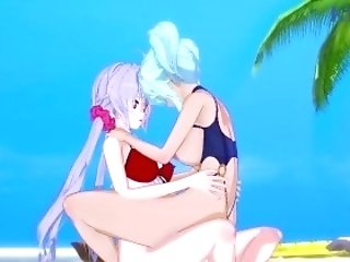Cagliostro And Chris Yukine Have Intense Hermaphroditism Bang-out On The Beach. - Symphogear Anime Porn